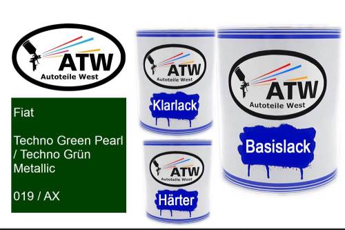 Fiat, Techno Green Pearl / Techno Grün Metallic, 019 / AX: 1L Lackdose + 1L Klarlack + 500ml Härter - Set, von ATW Autoteile West.